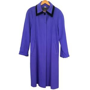 Vintage Wool Blend Royal Blue/Purple Long Coat with Black Velvet Trim 8 Petite